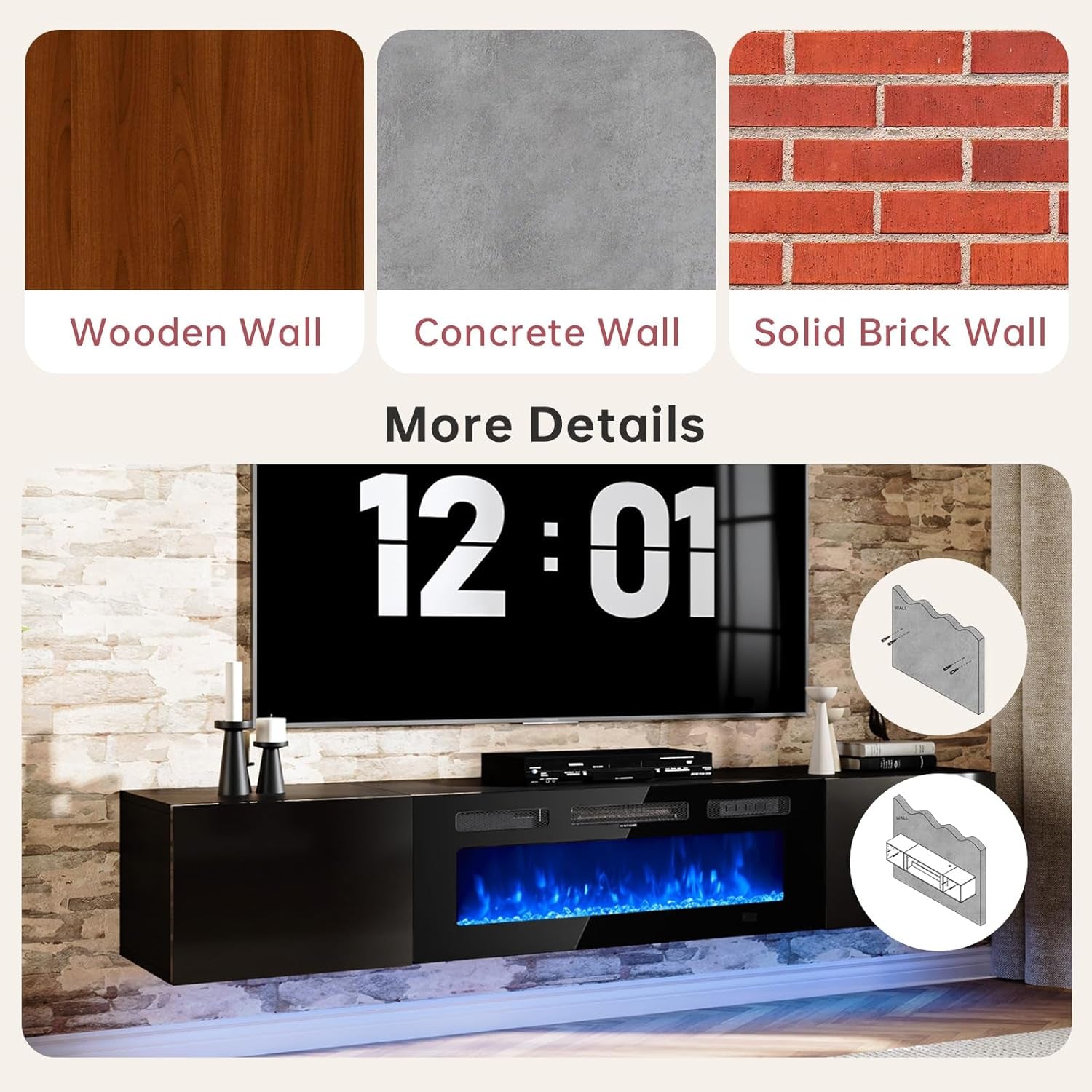 70" Floating TV Stand with 36" Electric Fireplace, Wall Mounted Fireplace Entertainment Center with Storage, Fire Place TV Console for Living Room, All Black
