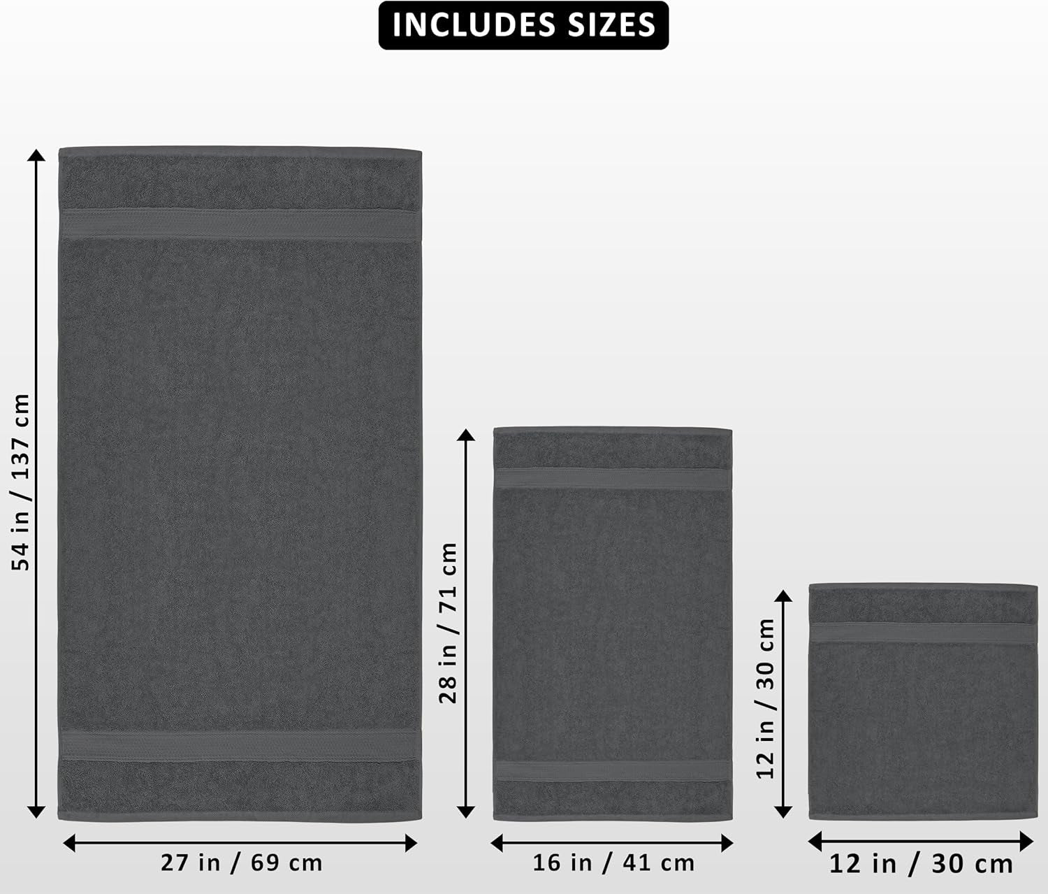 8 Piece Premium Towel Set, 2 Bath, 2 Hand, and 4 Wash Cloths, 600 GSM 100% Ring Spun Cotton, Highly Absorbent Towels for Bathroom, Gym, Hotel, and Spa, Grey