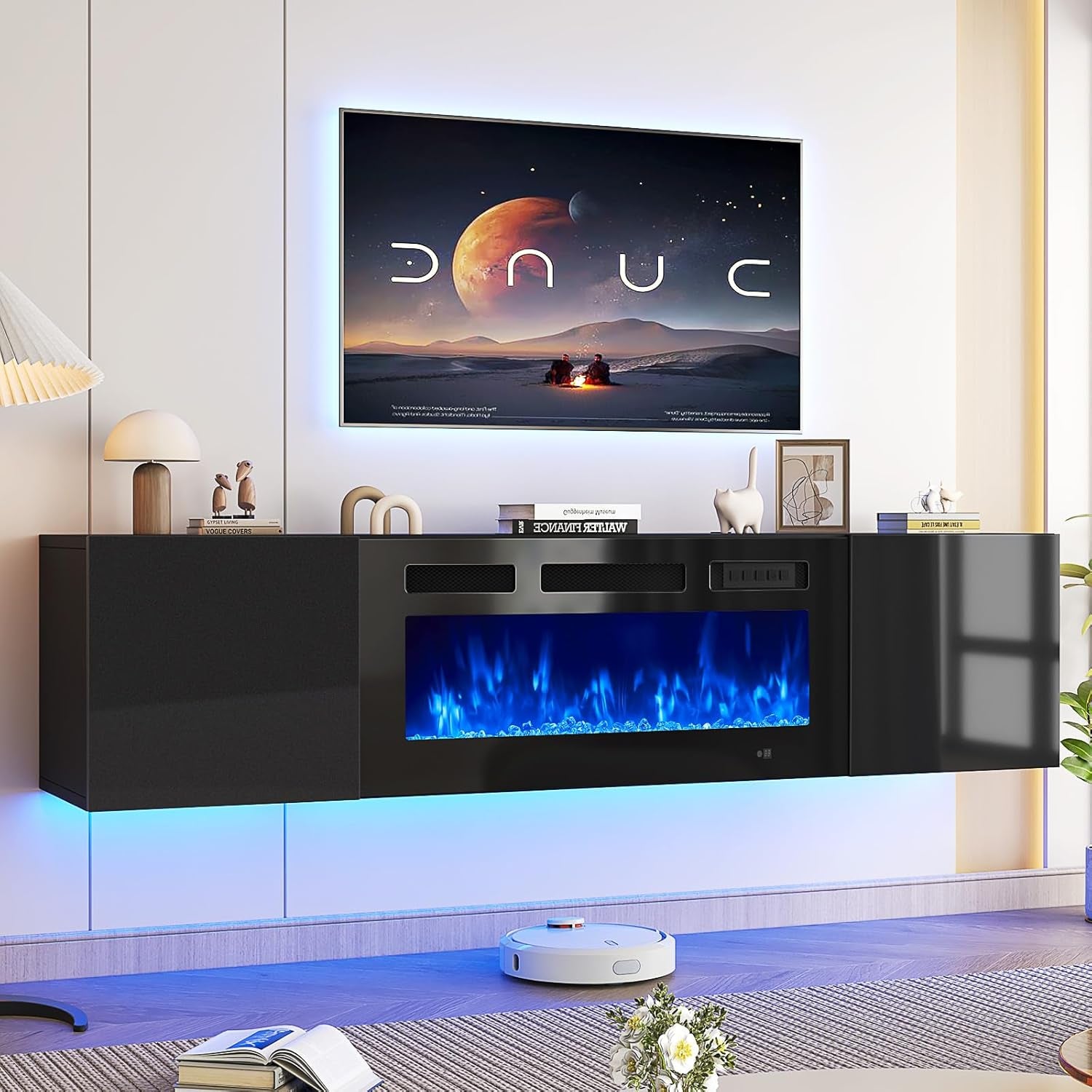 70" Floating TV Stand with 36" Electric Fireplace, Wall Mounted Fireplace Entertainment Center with Storage, Fire Place TV Console for Living Room, All Black
