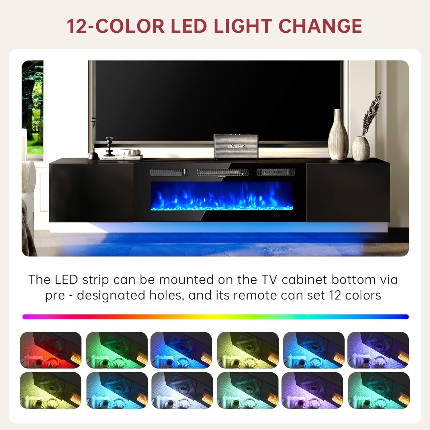 70" Floating TV Stand with 36" Electric Fireplace, Wall Mounted Fireplace Entertainment Center with Storage, Fire Place TV Console for Living Room, All Black