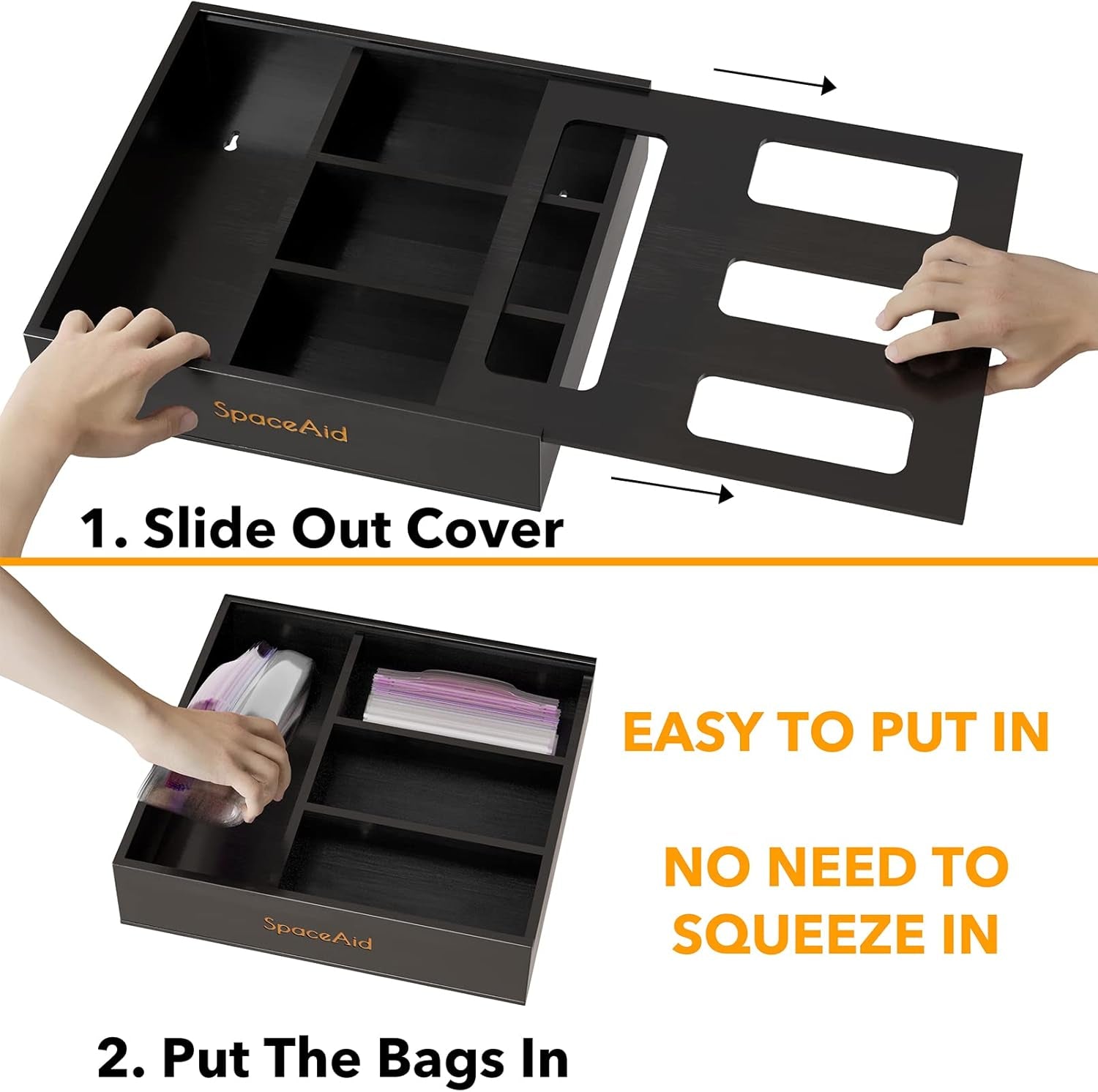 Bag Storage Organizer for Kitchen Drawer, Bamboo Organizer, Compatible with Gallon, Quart, Sandwich and Snack Variety Size Bag (1 Box 4 Slots), Black