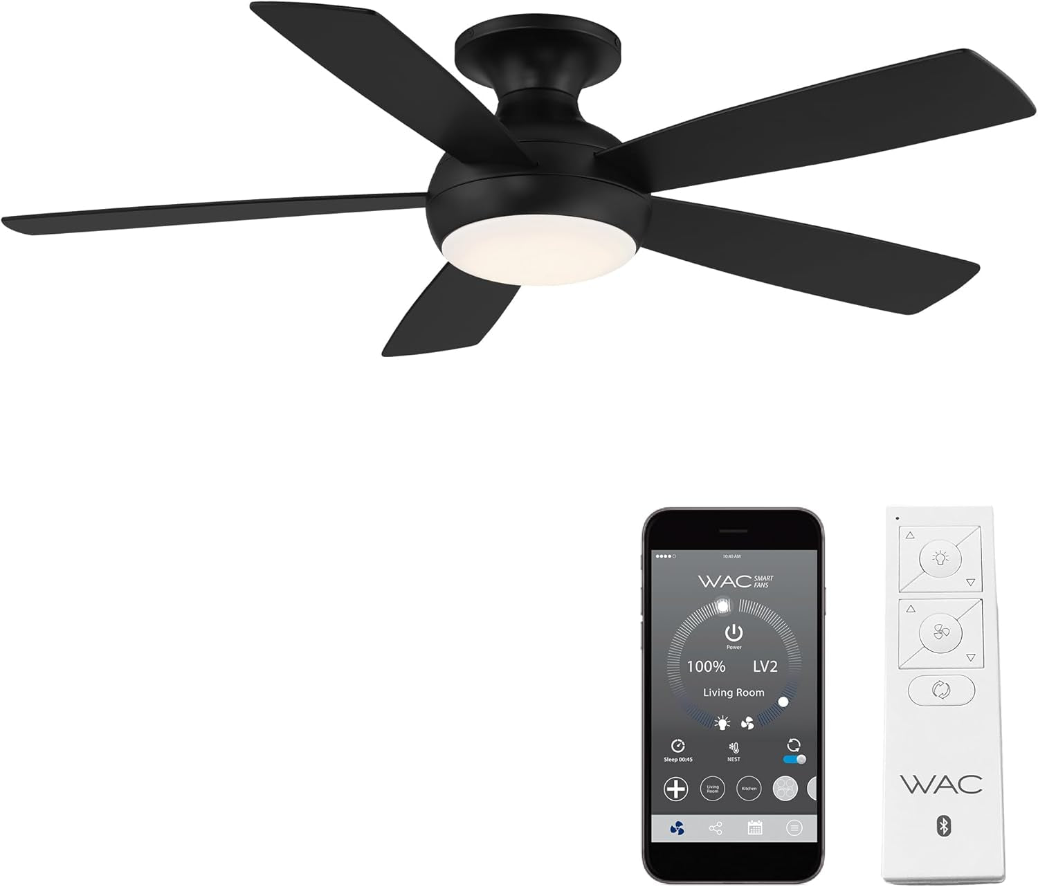 F-035L-MB Odyssey Indoor or Outdoor Flushmount Smart Compatible Ceiling Fan with Remote Control 52In Blade Span Matte Black 3000K Warm White LED