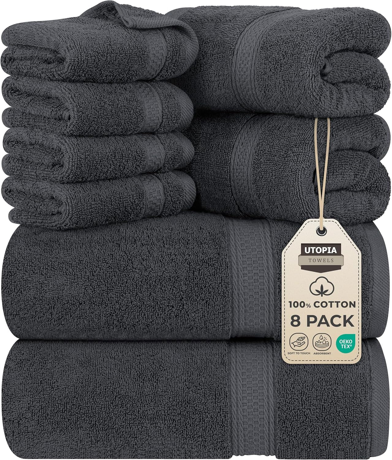 8 Piece Premium Towel Set, 2 Bath, 2 Hand, and 4 Wash Cloths, 600 GSM 100% Ring Spun Cotton, Highly Absorbent Towels for Bathroom, Gym, Hotel, and Spa, Grey