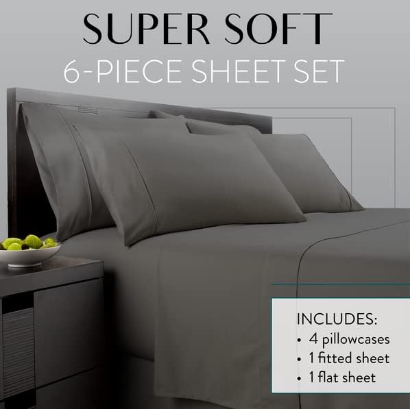 Bed Sheet Set King Size for Hot Sleepers, Hotel Premium Sheets with 4 Pillowcases, Lightweight Brushed Microfiber Deep Pockets, Breathable Cooling 6 Piece Bedding Sets, Gray