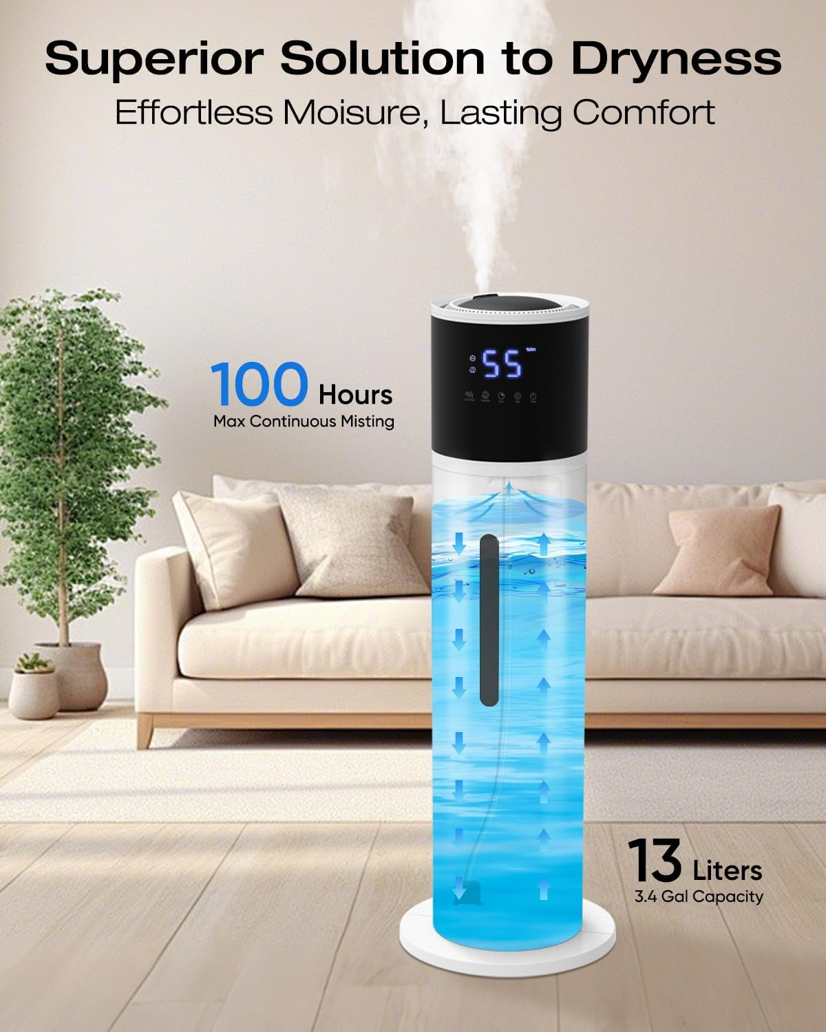 13L Humidifier Large Room, 100H Runtime 28 Db Quiet Cool Mist Air Humidifier for Bedroom, Baby Nursery, Living Room