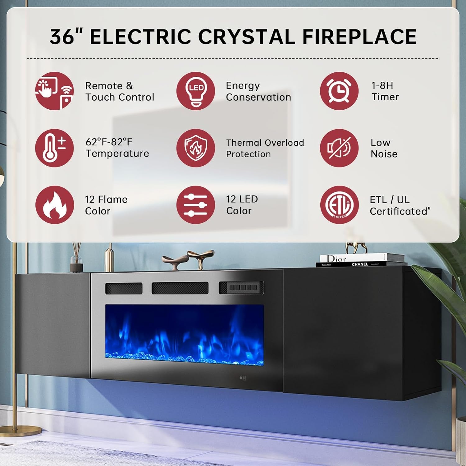 70" Floating TV Stand with 36" Electric Fireplace, Wall Mounted Fireplace Entertainment Center with Storage, Fire Place TV Console for Living Room, All Black