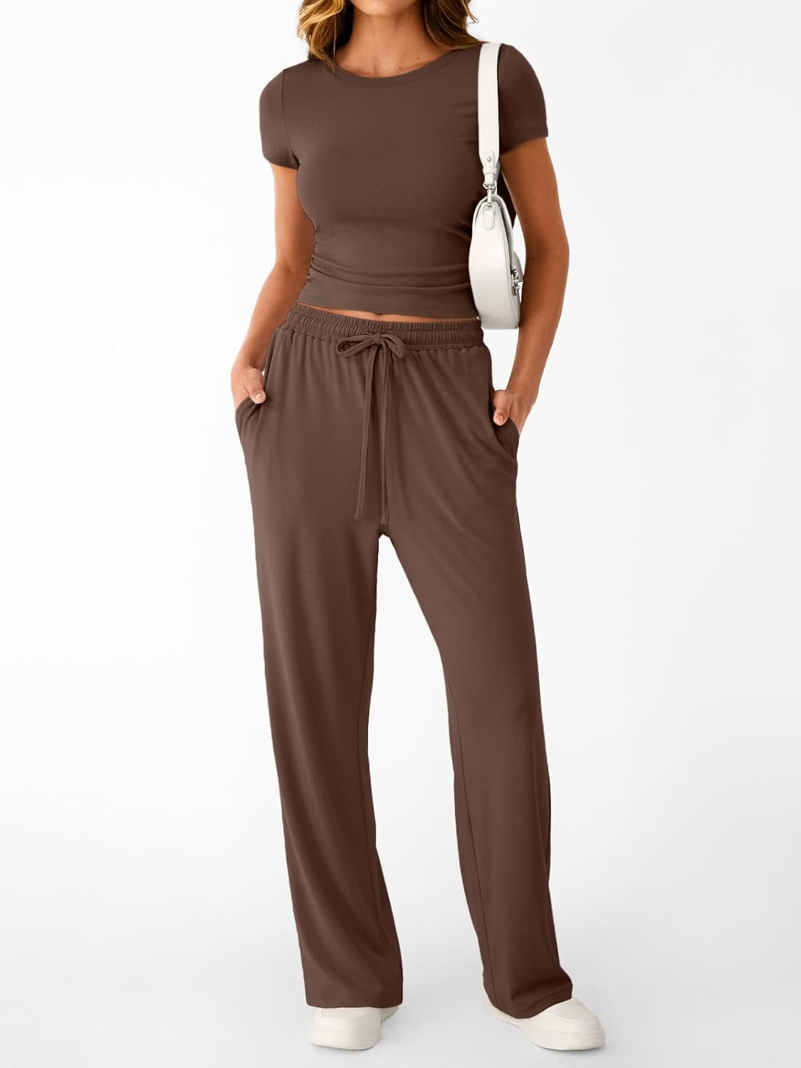 2 Piece Matching Summer Sweatsuit Lounge Set Womens Wide Leg Pants Side Ruching Crop Top Sets