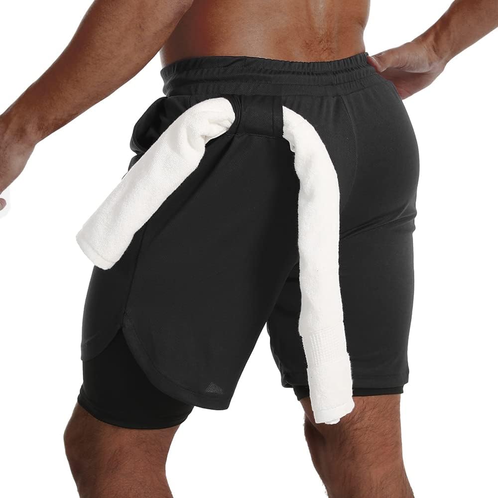 Mens 2 in 1 Running Shorts Quick Dry Gym Athletic Workout Clothes with Side Pockets