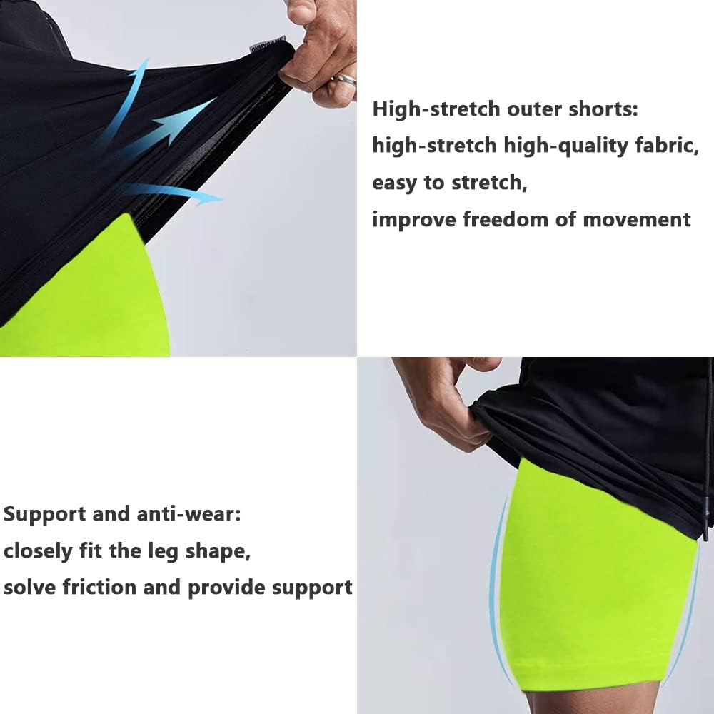 Mens 2 in 1 Running Shorts Quick Dry Gym Athletic Workout Clothes with Side Pockets