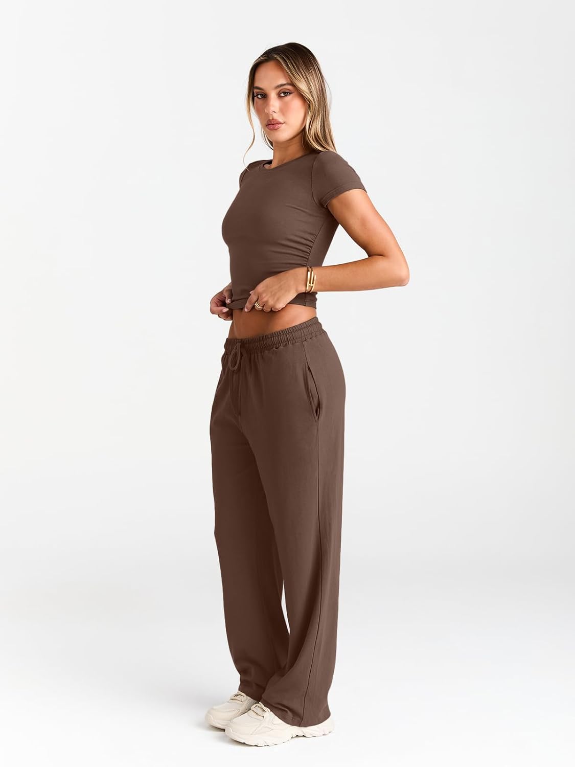2 Piece Matching Summer Sweatsuit Lounge Set Womens Wide Leg Pants Side Ruching Crop Top Sets
