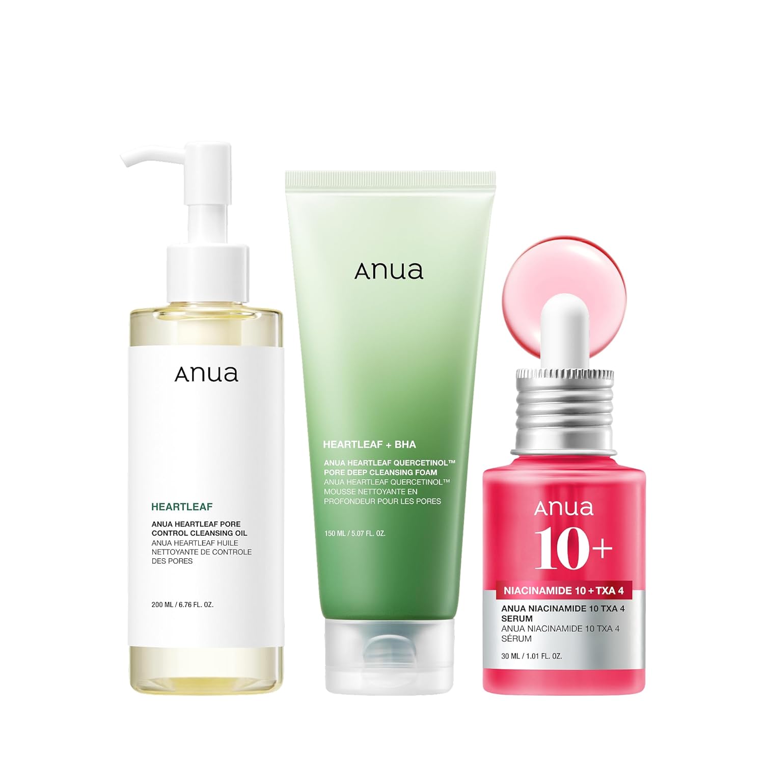 3-Step Glass Skin Beginner Set, Double Cleansing with Facial Serum, Oil Cleanser & Face Wash with Heartleaf, Daily Routine with Niacinamide, Korean Skincare Set