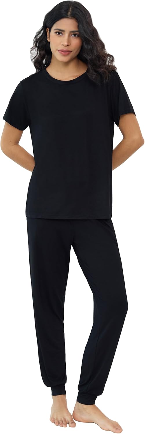 Bamboo Viscose Pajamas Women Ultra Soft Short Sleeve Jogger Pants Pjs Set Cooling Sleepwear