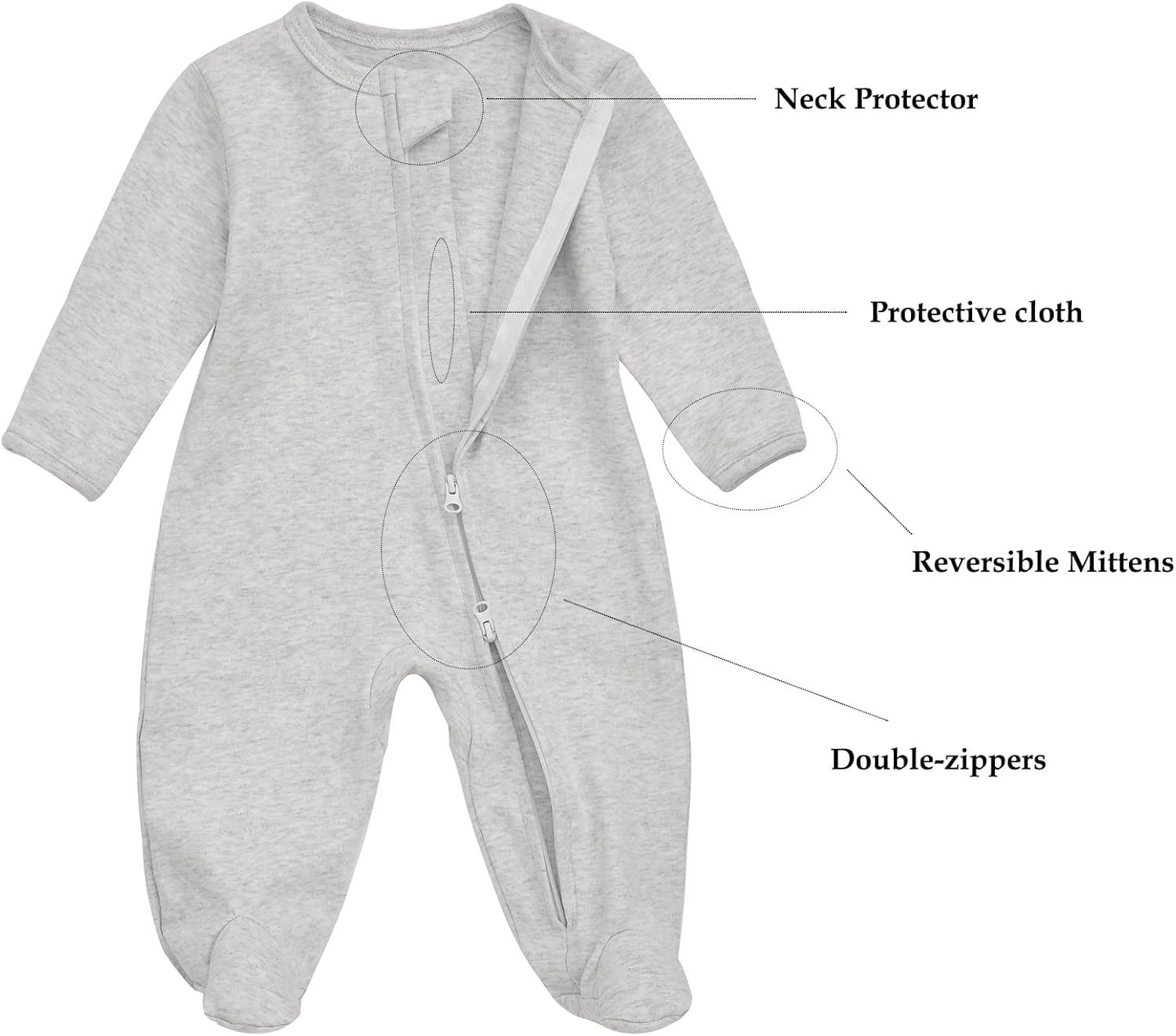 Baby Footie Pajama with Mitten Cuffs, Double Zipper Infant Cotton Clothes Sleeper Pjs, Footed Sleep Play