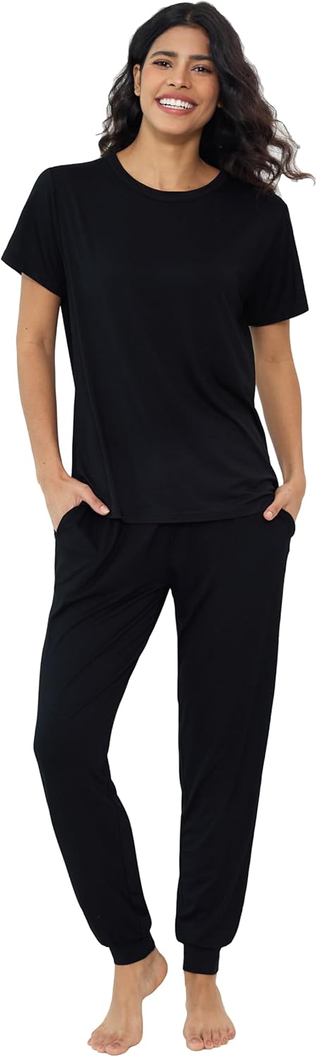 Bamboo Viscose Pajamas Women Ultra Soft Short Sleeve Jogger Pants Pjs Set Cooling Sleepwear