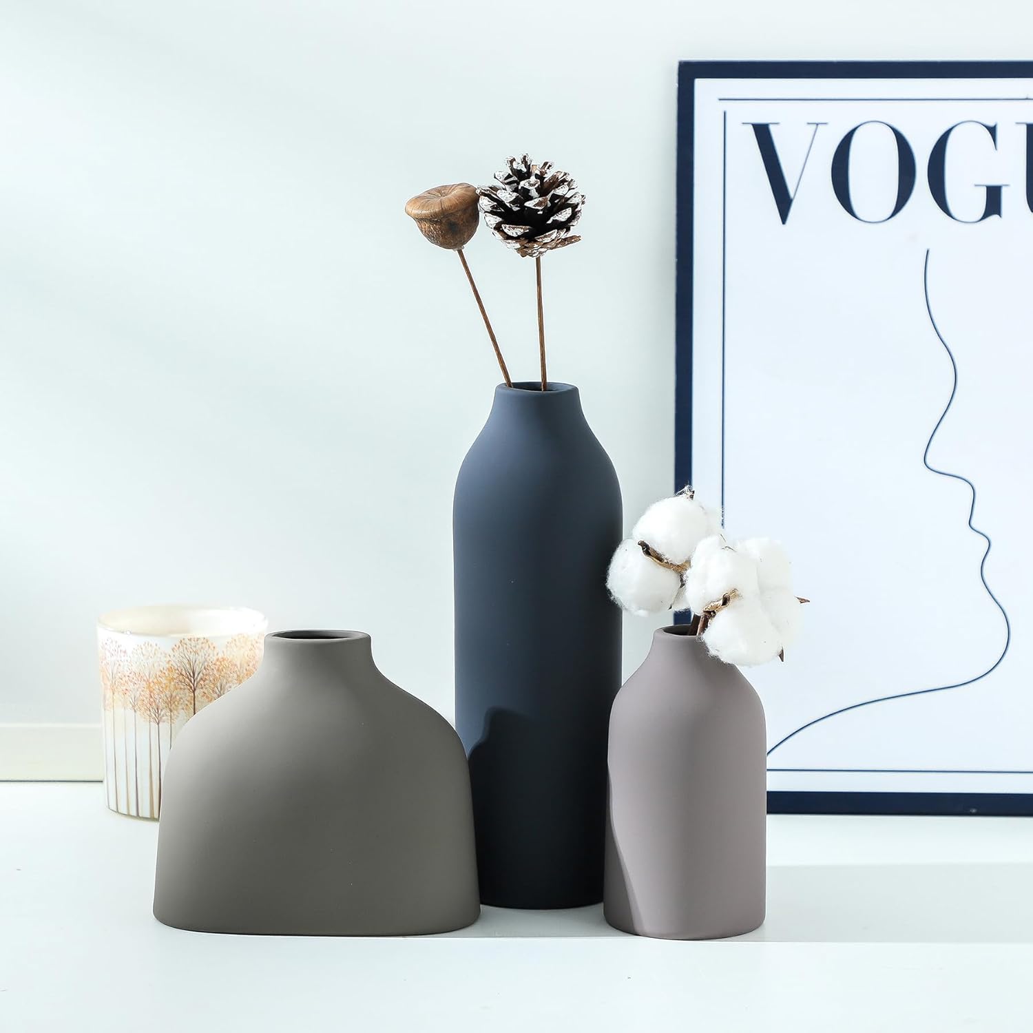 Ceramic Vase Set of 3,Flower Vase Home Decor,Modern Farmhouse Decor, Pampas Grass Dried Fresh Flowers,Bedroom,Living Room,Bookshelf Decoration, Centerpiece Table Boho Decor.