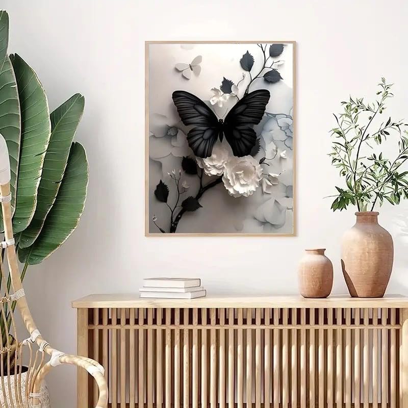 Butterfly Flower Diamond Art Kits for Adults,5D Full round Drill Diamond Painting Kits for Beginners,Diy Diamond Dots Paintings Picture Arts Craft for Adults,Home Wall Decor 12 X 16Inch