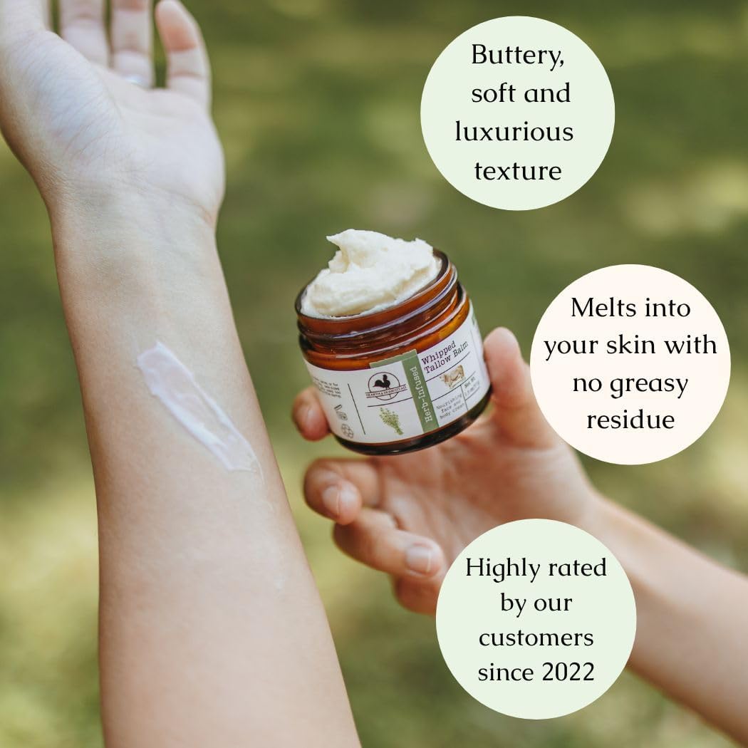 : Handmade Whipped Tallow Balm (Unscented/Herb-Infused) - Organic Body Butter with Infused Olive Oil, for Eczema, Rosacea, Baby - 1.3 Oz