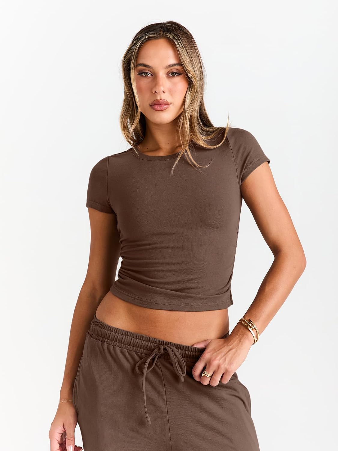 2 Piece Matching Summer Sweatsuit Lounge Set Womens Wide Leg Pants Side Ruching Crop Top Sets