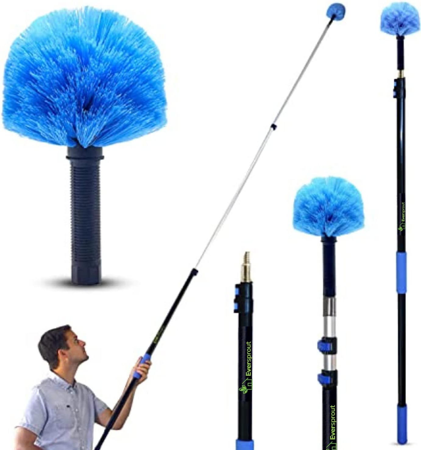 5-To-12Ft Telescoping Durable Duster with Extension Pole – Lightweight 3 Stage Cobweb Duster – Extendable to 20Ft Reach for Cleaning High Ceilings and Spider Webs