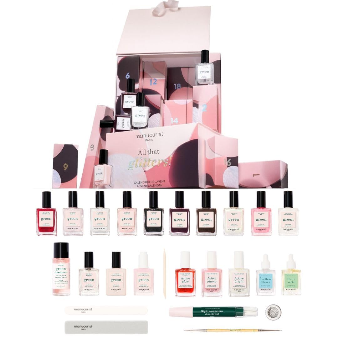 Green & Active Advent Calendar 2025-24 Full Size Products : Green Nail Polish Colors, Active Glow, Nail Care & Accessories - Christmas Gifts for Women - Advent Calendar for Adults