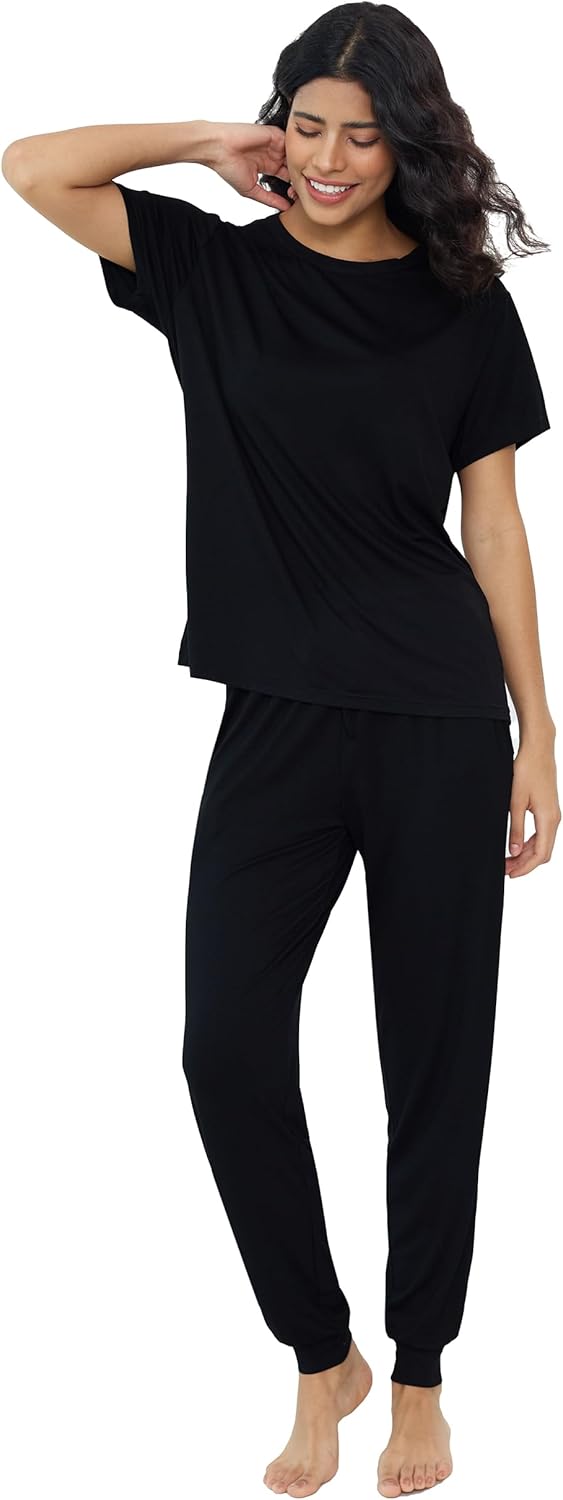 Bamboo Viscose Pajamas Women Ultra Soft Short Sleeve Jogger Pants Pjs Set Cooling Sleepwear