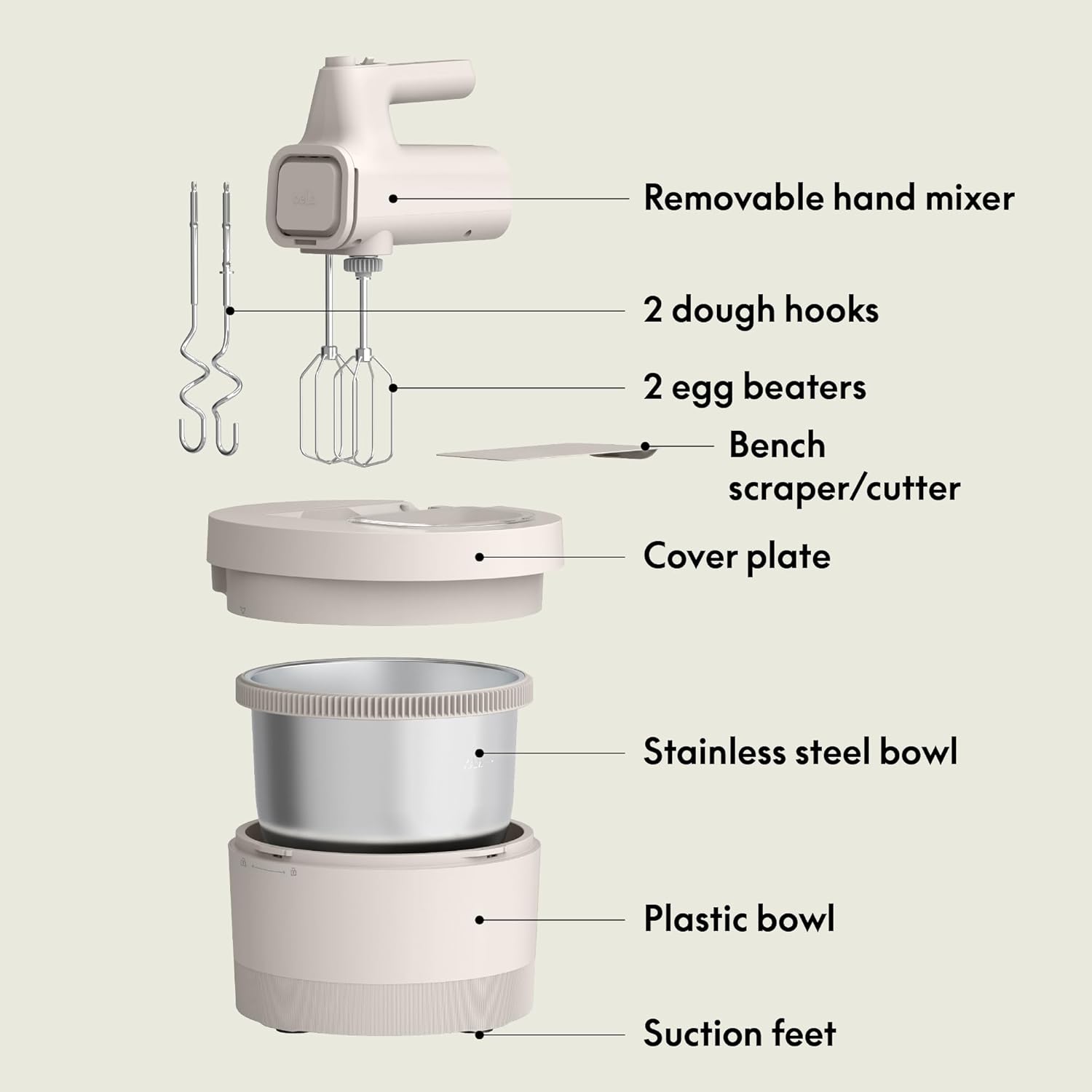 3.5 Qt Hand & Stand Mixer, 2 in 1 Electric Mixer with Bowl, Dough Hook, Whisk & Egg Beater, Multifunctional Handheld Blender & Mixer for Baking, 200 Watt, Oatmilk