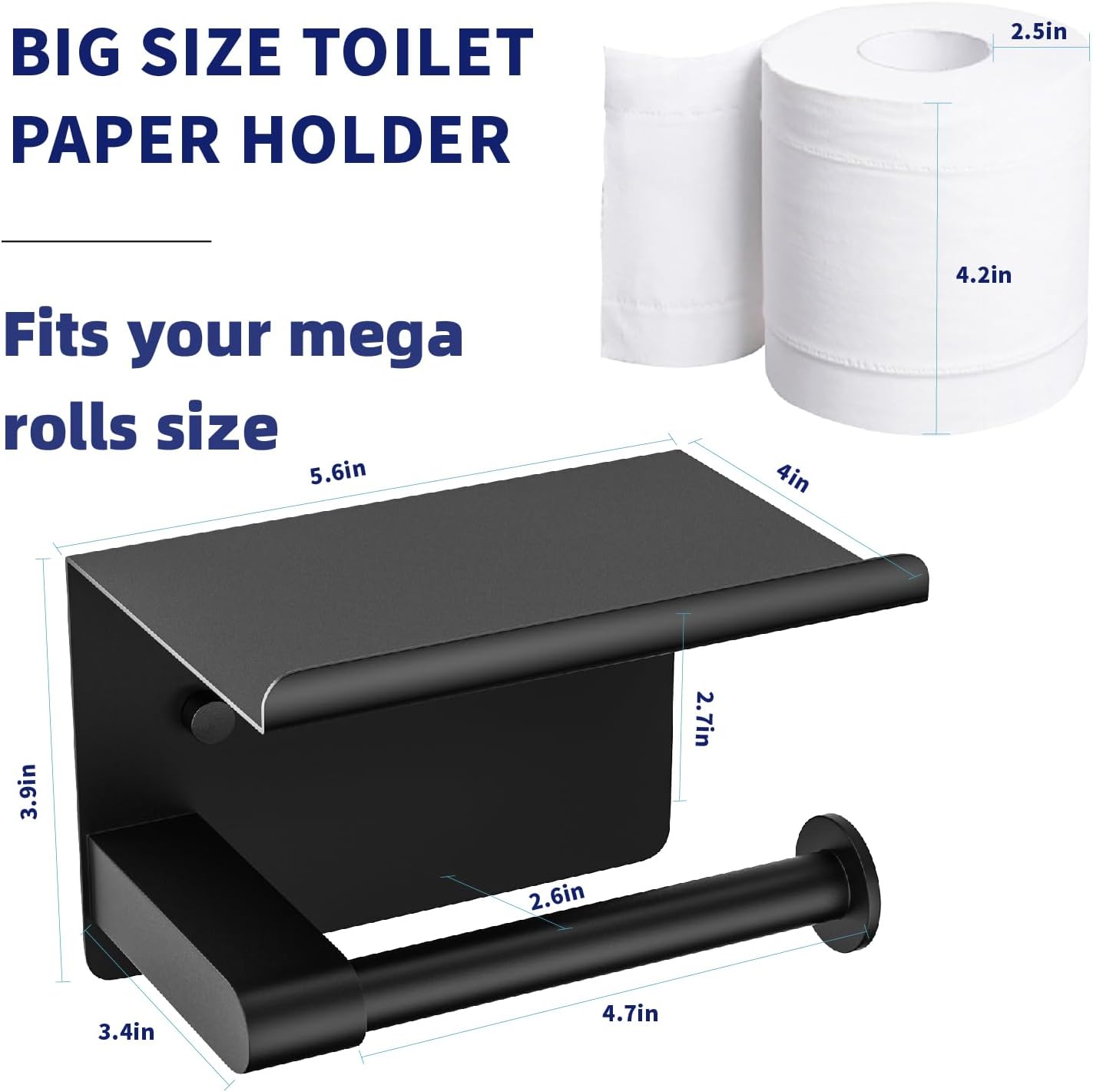 Matte Black Toilet Paper Holder with Shelf, Fits Mega Rolls, Rustproof Stainless Steel, Self Adhesive Wall Mount Toilet Paper Roll Holder, for Bathroom, Washroom, Kitchen, RV