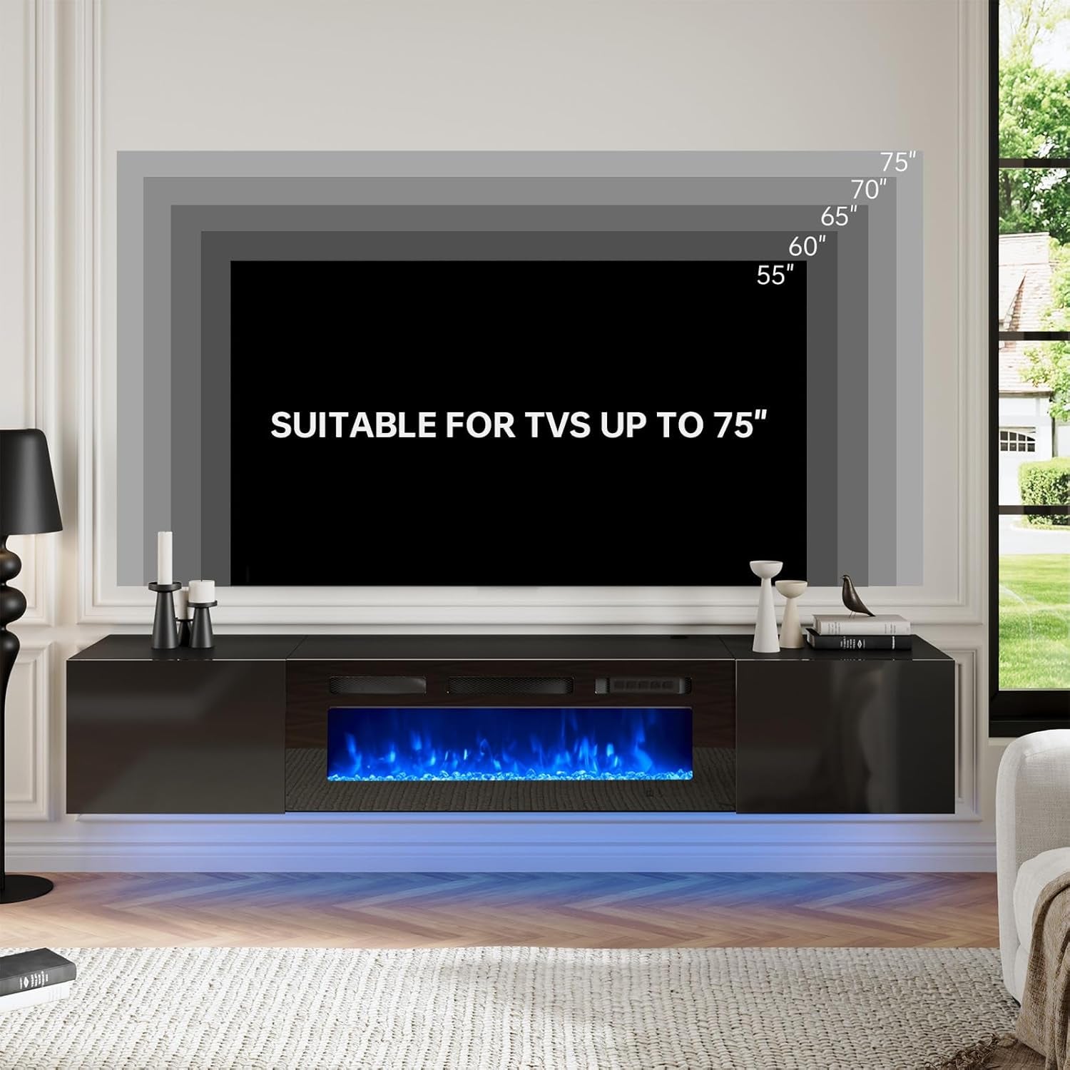 70" Floating TV Stand with 36" Electric Fireplace, Wall Mounted Fireplace Entertainment Center with Storage, Fire Place TV Console for Living Room, All Black