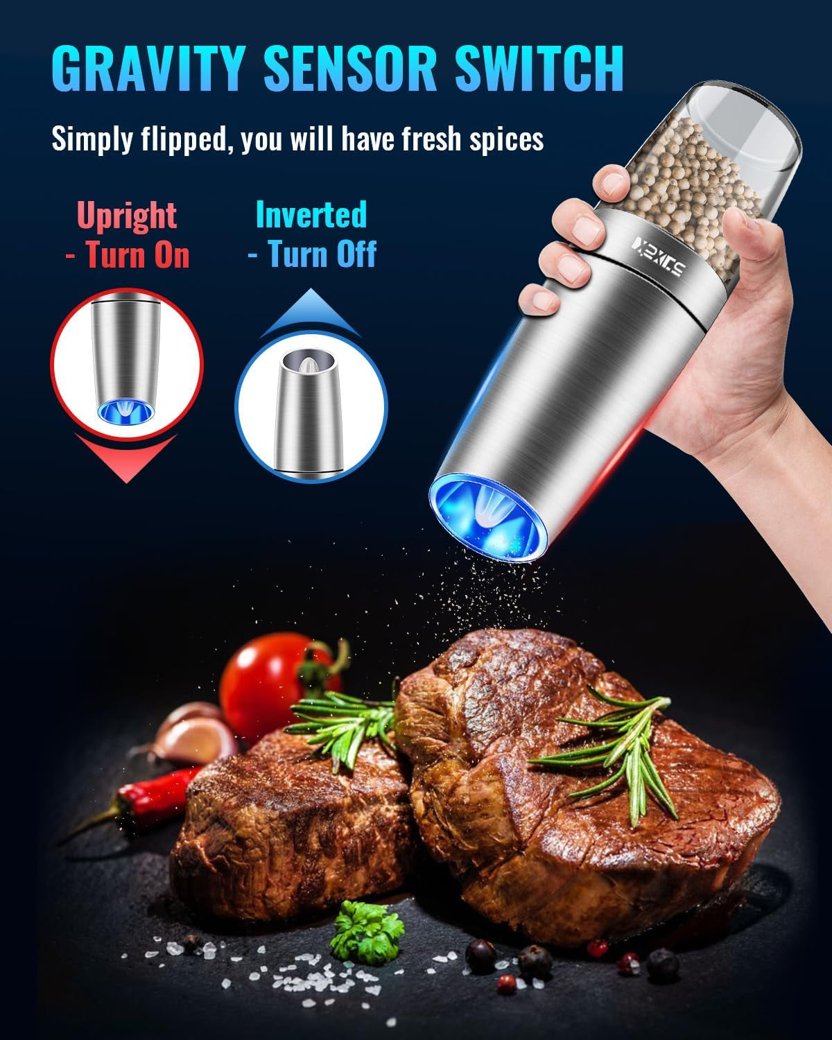 Gravity Electric Pepper and Salt Grinder Set, Salt/Pepper Mill & Adjustable Coarseness, Battery Powered with LED Light, One Hand Automatic Operation, (Set/Silver)