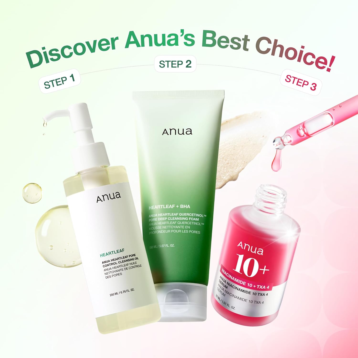 3-Step Glass Skin Beginner Set, Double Cleansing with Facial Serum, Oil Cleanser & Face Wash with Heartleaf, Daily Routine with Niacinamide, Korean Skincare Set