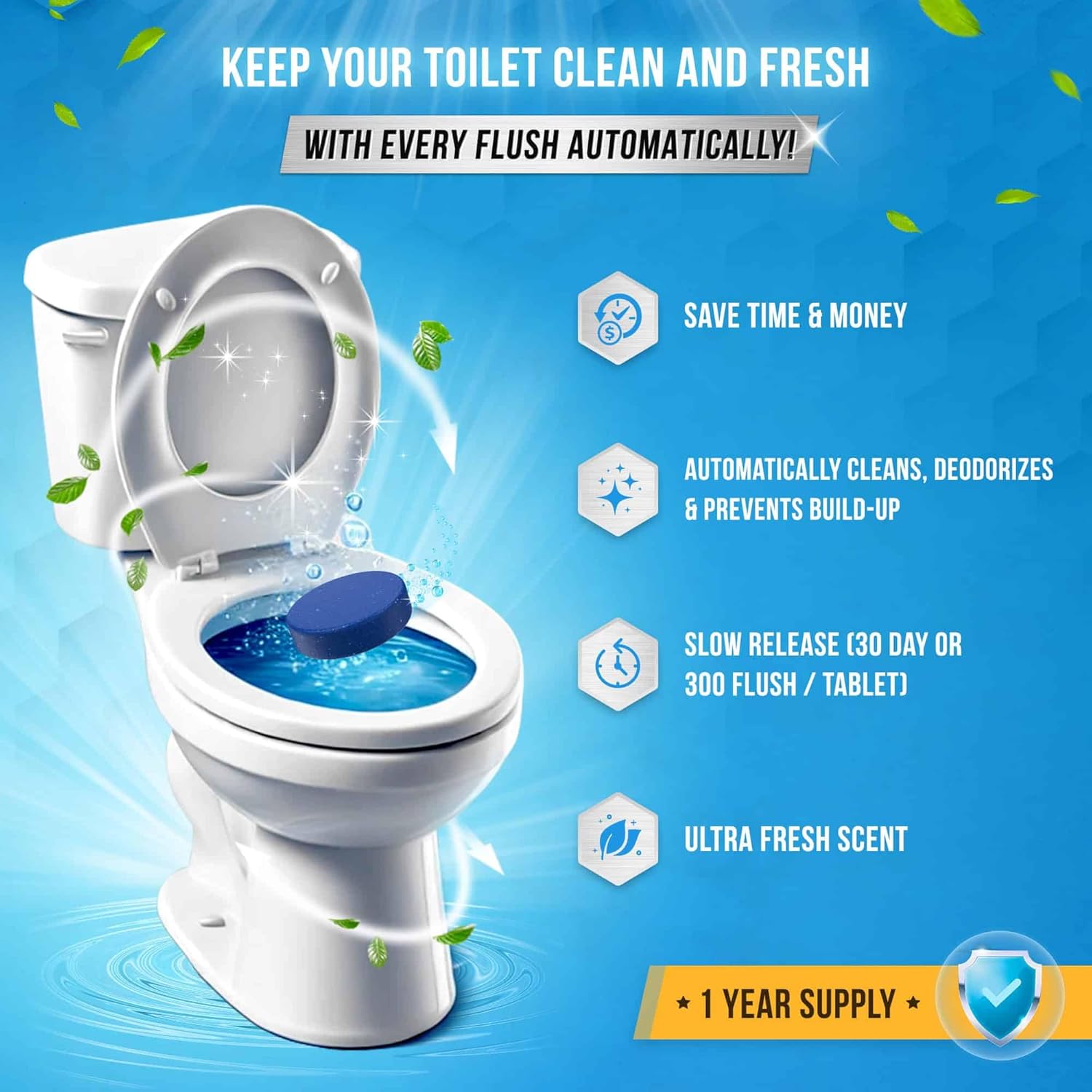 Automatic Toilet Bowl Cleaner Tablets Blue Gel Toilet Tank Cleaners, Septic-Safe Hard Water Ring Stain Remover, Smell Eliminator Heavy Duty Toilet Cleaning & Deodorizer, Fresh Scent - 12 Tabs
