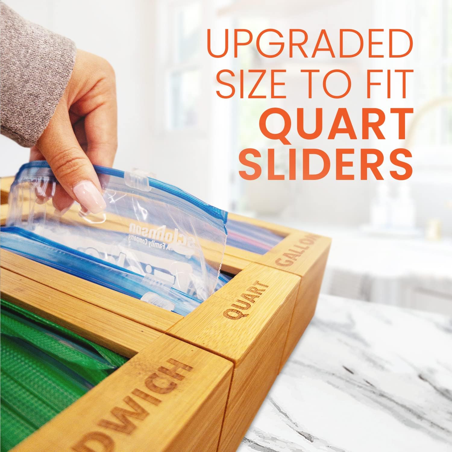 Bag Storage Organizer - Bamboo Food Plastic Baggie Holder, Dispenser, and Container for Kitchen Drawer - Fits Ziplock and Ziploc Gallon, Quart, Sandwich & Snack Sized Slider Bags (Bamboo)