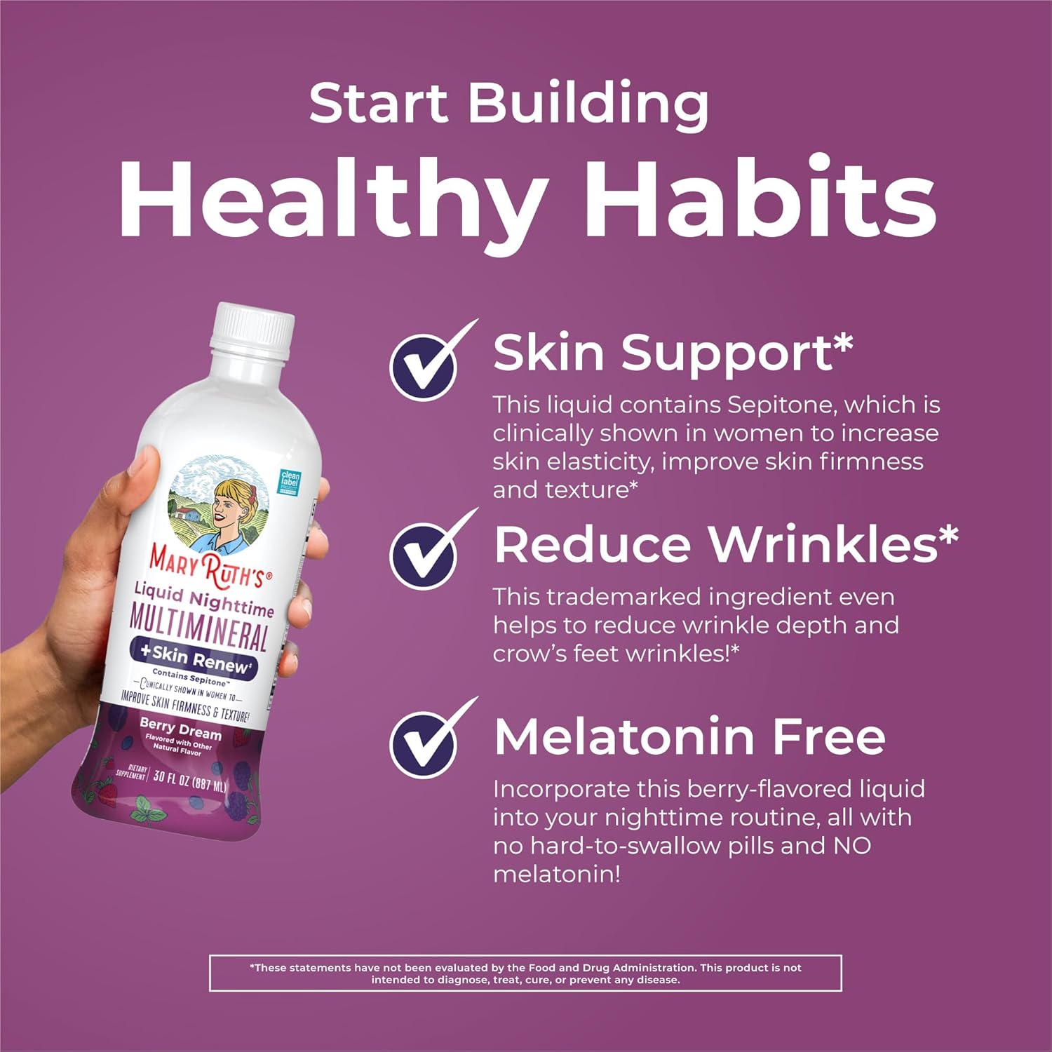 Liquid Nighttime Liquid Multimineral + Skin Renew | Clinically Shown in Women to Reduce Fine Wrinkle & Improve Skin Firmness | Sepitone | NO Melatonin | Magnesium | Vegan | 30 Servings