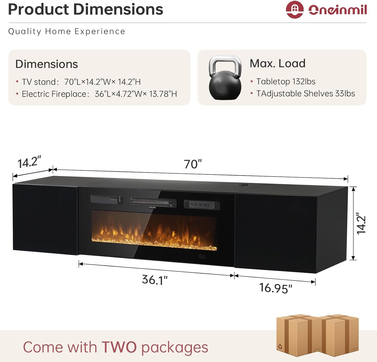 70" Floating TV Stand with 36" Electric Fireplace, Wall Mounted Fireplace Entertainment Center with Storage, Fire Place TV Console for Living Room, All Black