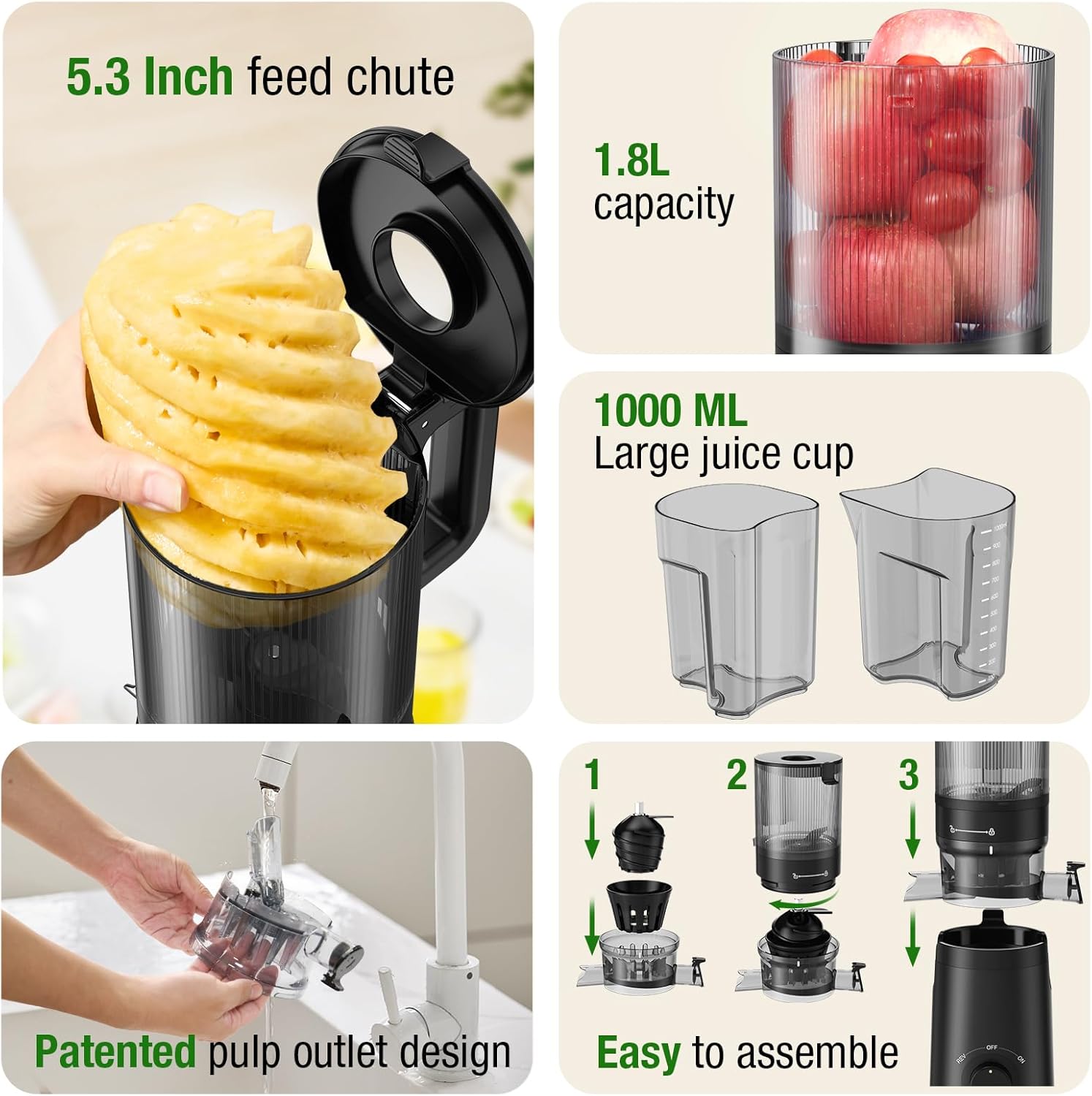 Juicer Machines,  Cold Press Juicer with 5.3" Extra Large Feed Chute Fit Whole Fruits & Vegetables Easy to Clean, High Juice Yield, BPA Free (Black)