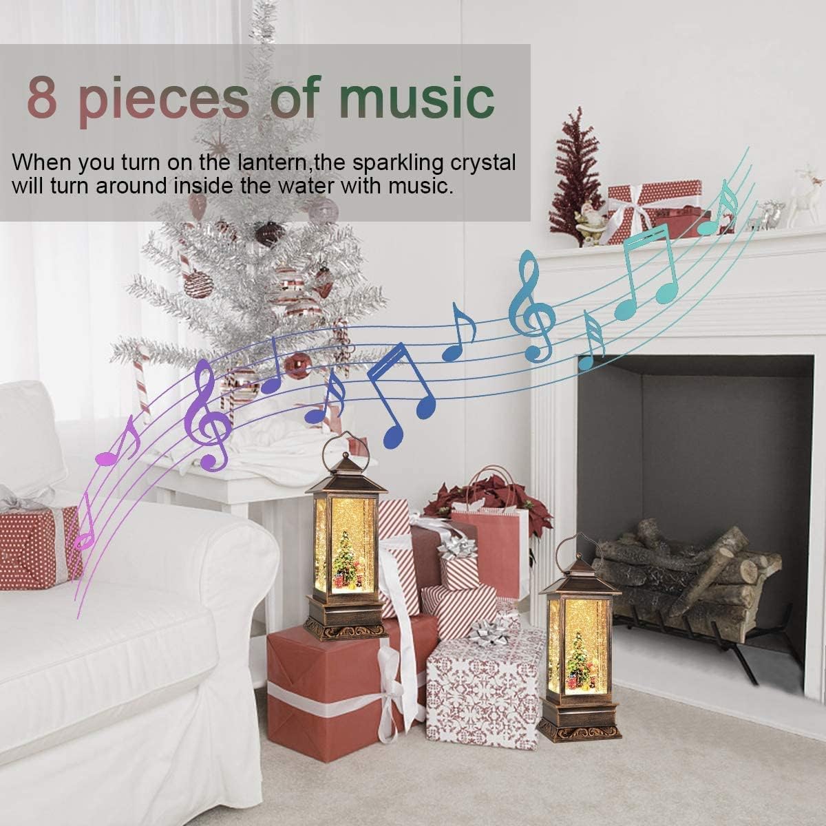Christmas Decorations Home Lighted Christmas Snow Globe Christmas Lanterns Water Lanterns Glittering with Music USB and Battery Operated Singing Snow Globe Decoratives (Christmas Tree)