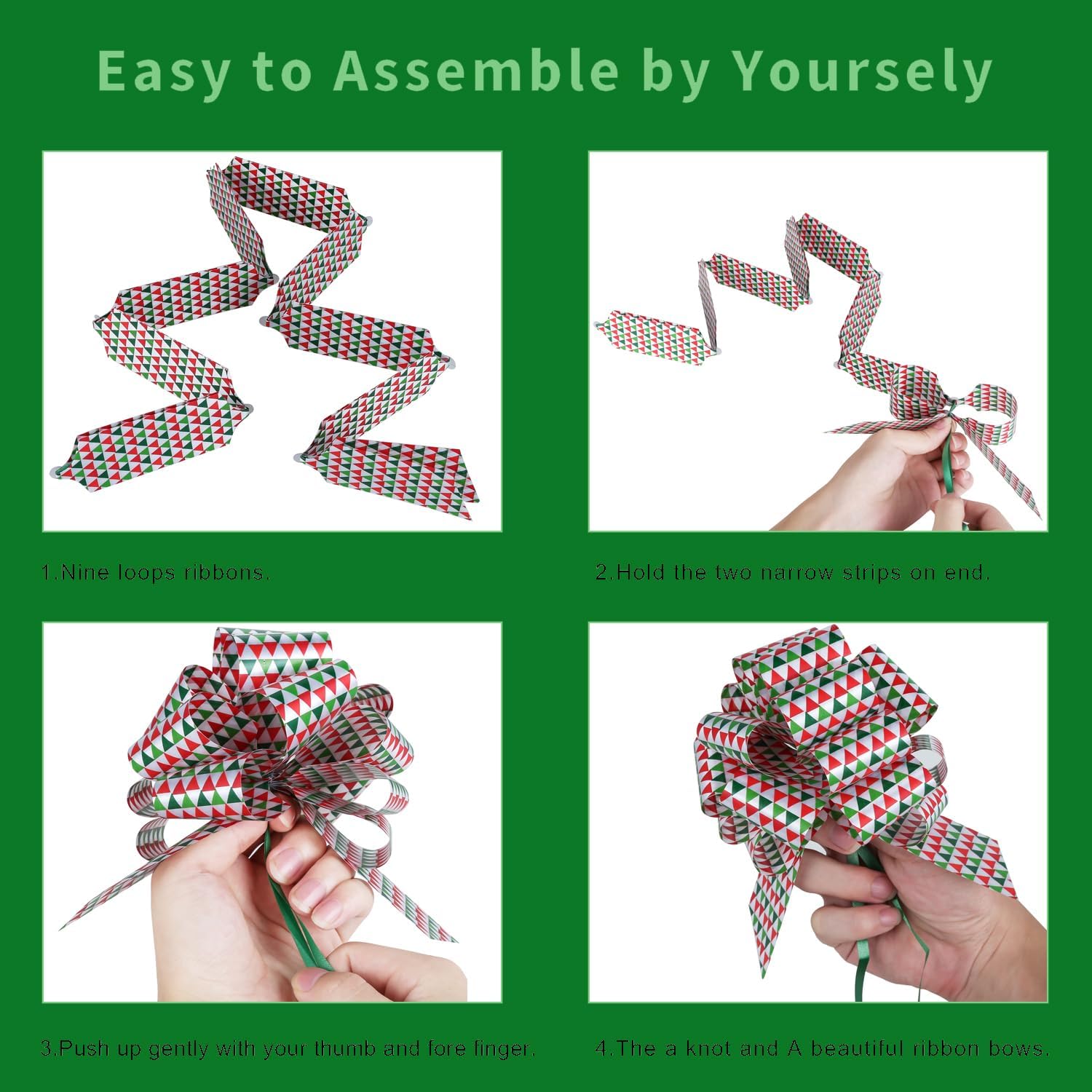 24PCS Christmas Bows for Gift Wrapping, 5” Xmas Pull Bows with Ribbon Wrap Accessory for Present, Florist, Bouquet, Hamper, Basket Decor, Easy to Assemble