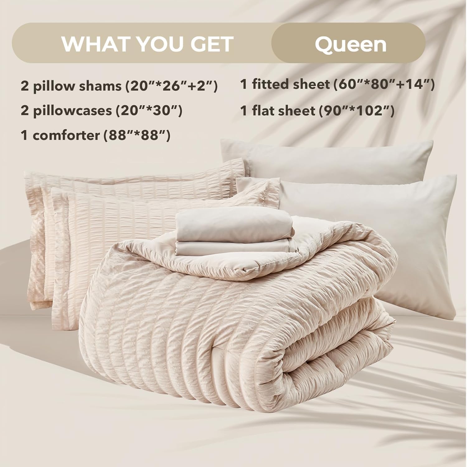 Beige Queen Comforter Set Seersucker 7 Pieces, All Season Luxury Bed in a Bag for Bedroom, Bedding Set with Comforters, Sheets, Pillowcases & Shams