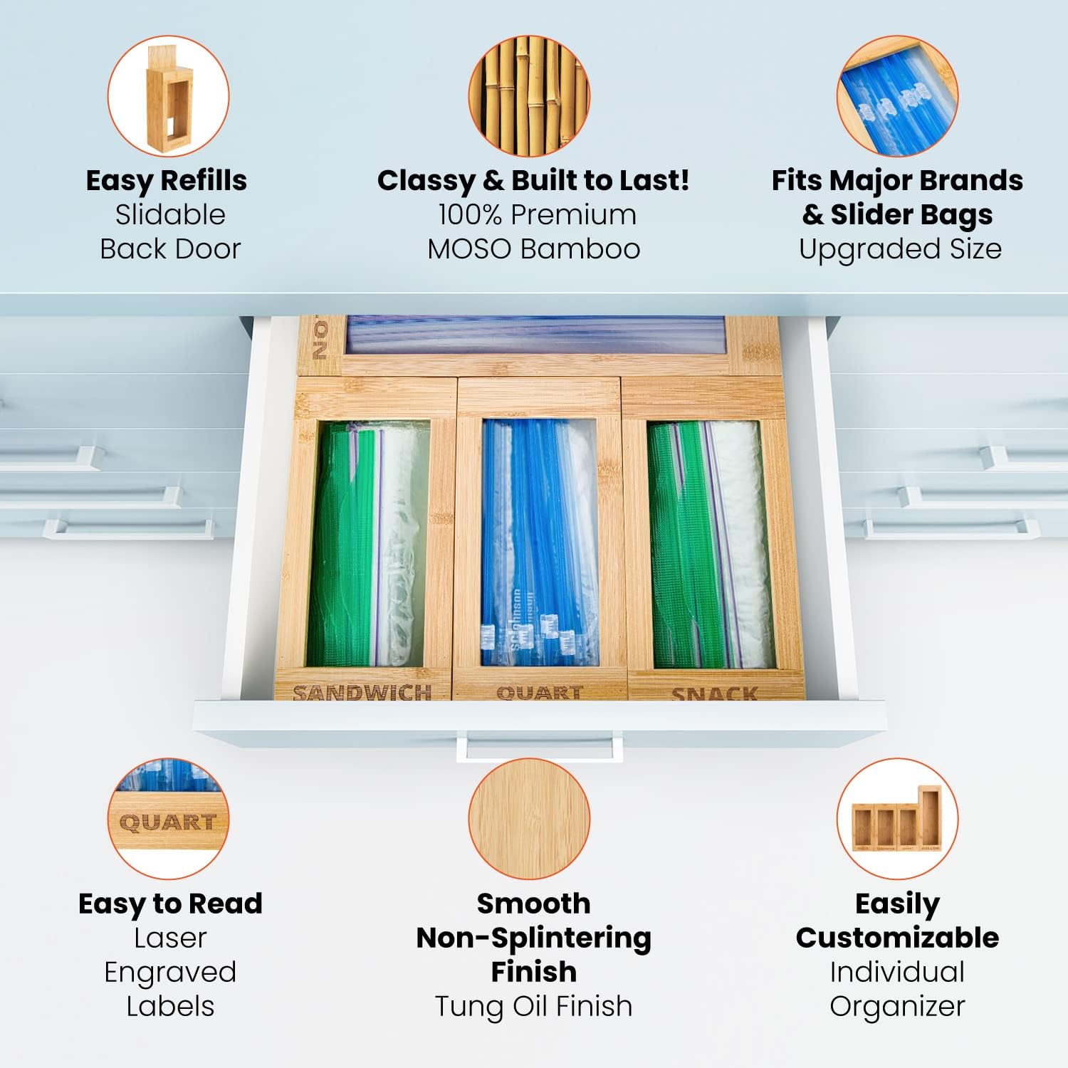 Bag Storage Organizer - Bamboo Food Plastic Baggie Holder, Dispenser, and Container for Kitchen Drawer - Fits Ziplock and Ziploc Gallon, Quart, Sandwich & Snack Sized Slider Bags (Bamboo)