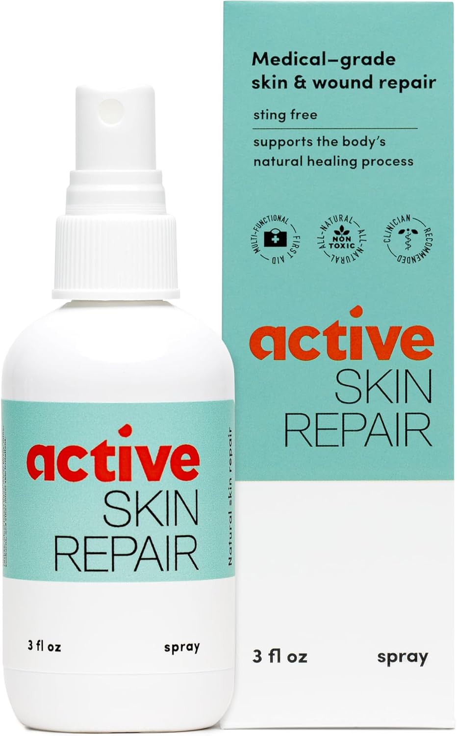 Active Skin Repair First Aid Healing Skin Spray - Natural & Non-Toxic with Hypochlorus Acid for Minor Cuts, Wounds, Scrapes, Rashes, Sunburns, & More, 3 Oz
