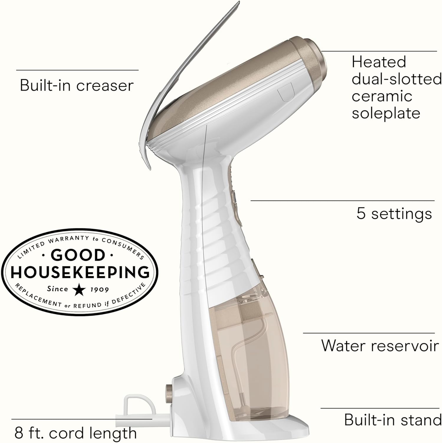 Handheld Garment Steamer for Clothes, Turbo Extremesteam 1875W Fabric Steamer, Portable Handheld Design, Strong Penetrating Steam, White/Champagne