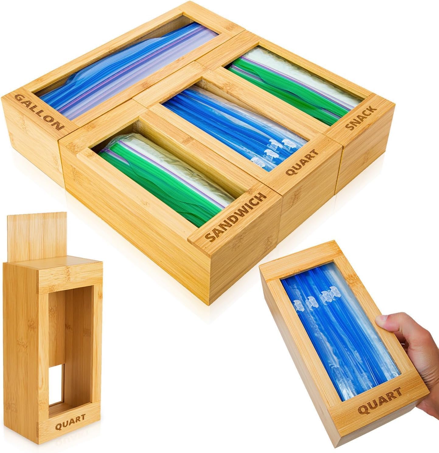 Bag Storage Organizer - Bamboo Food Plastic Baggie Holder, Dispenser, and Container for Kitchen Drawer - Fits Ziplock and Ziploc Gallon, Quart, Sandwich & Snack Sized Slider Bags (Bamboo)