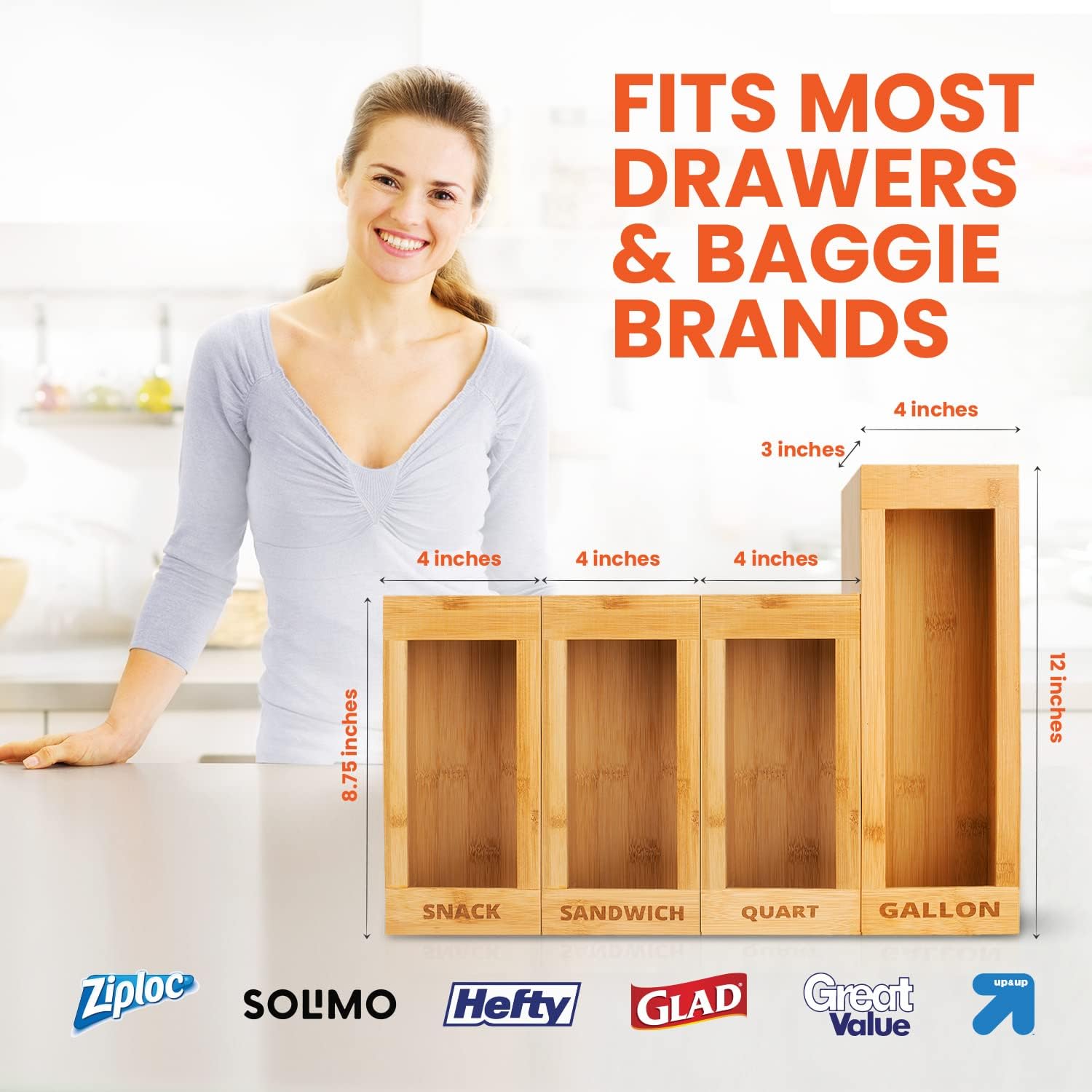 Bag Storage Organizer - Bamboo Food Plastic Baggie Holder, Dispenser, and Container for Kitchen Drawer - Fits Ziplock and Ziploc Gallon, Quart, Sandwich & Snack Sized Slider Bags (Bamboo)