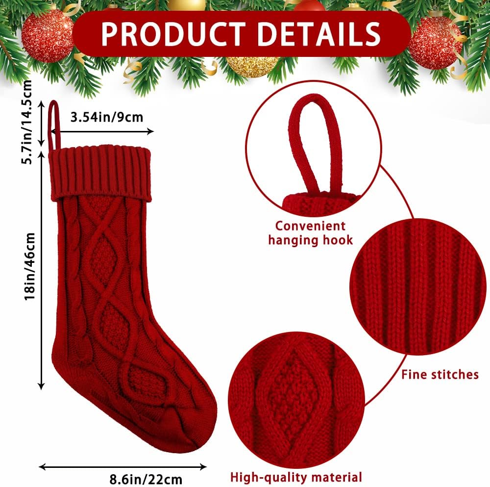 6PACK Christmas Stockings,18Inches Large Cable Knitted Stocking Personalized Xmas Hanging Stocking Decorations with Name Tags for Holiday Christmas Party Family Decor (Red White Green)
