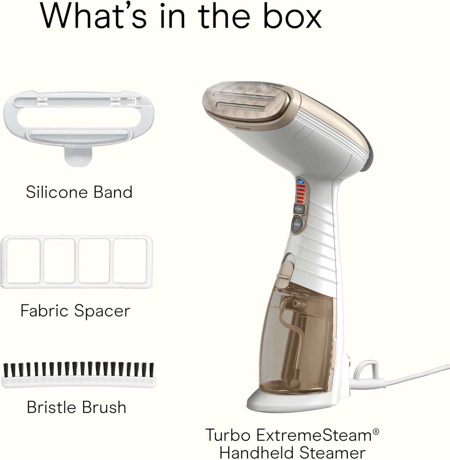 Handheld Garment Steamer for Clothes, Turbo Extremesteam 1875W Fabric Steamer, Portable Handheld Design, Strong Penetrating Steam, White/Champagne