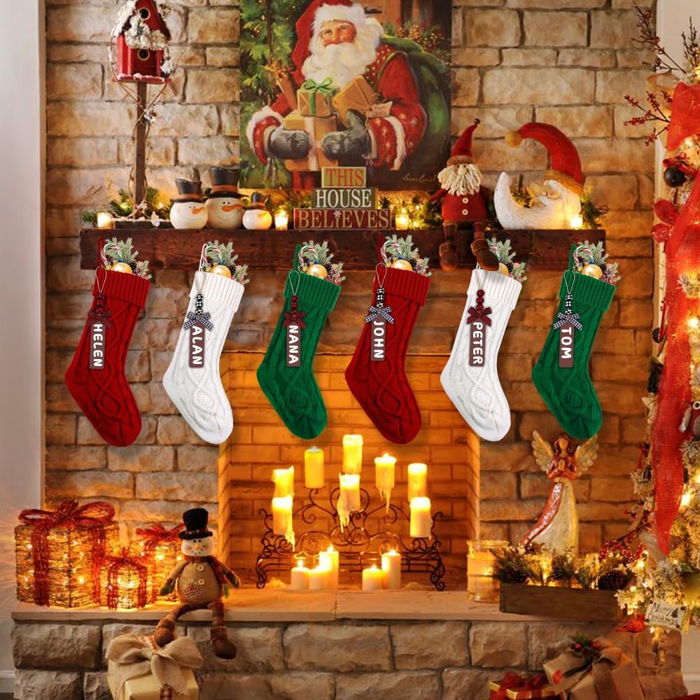 6PACK Christmas Stockings,18Inches Large Cable Knitted Stocking Personalized Xmas Hanging Stocking Decorations with Name Tags for Holiday Christmas Party Family Decor (Red White Green)