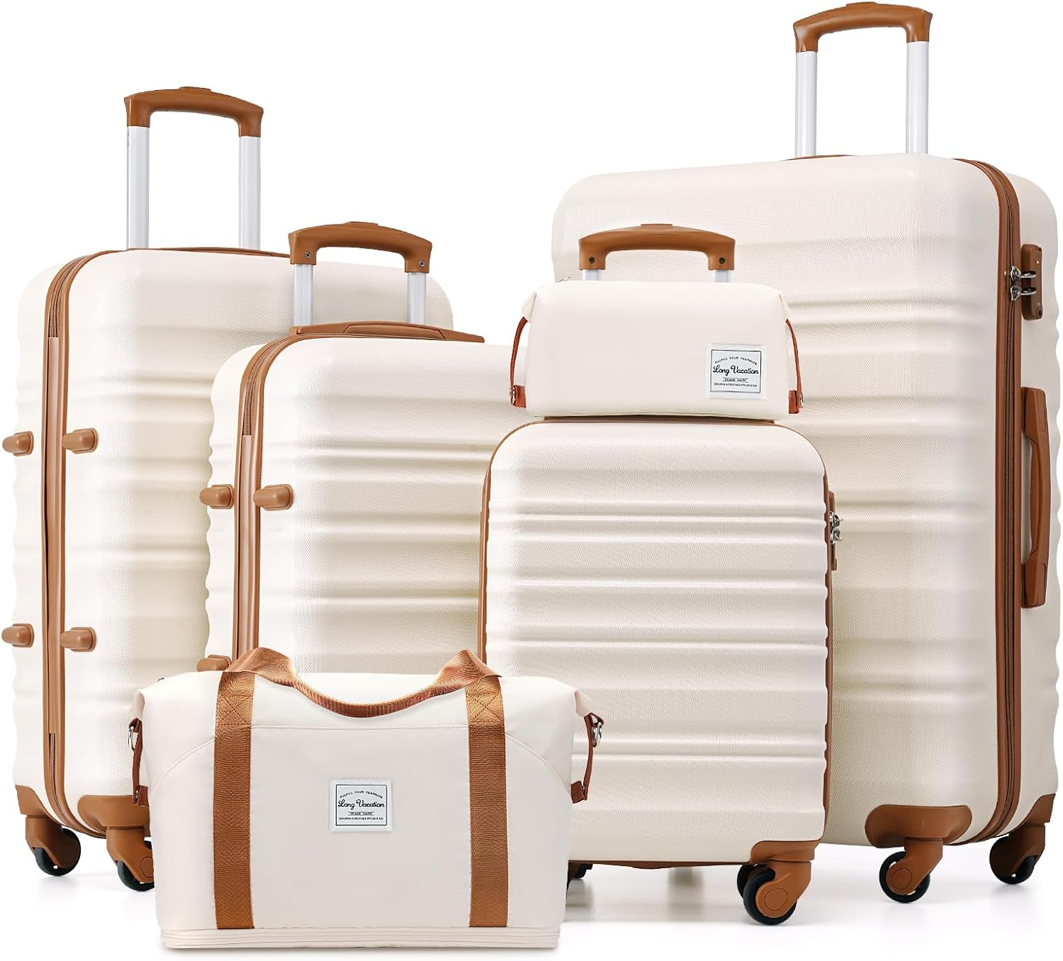 6 Piece Luggage Set Carry on Suitcase with ABS+PC Hardshell, Spinner Wheels & YKK Zipper TSA Lock (WHITE-BROWN, 6 Piece Set)