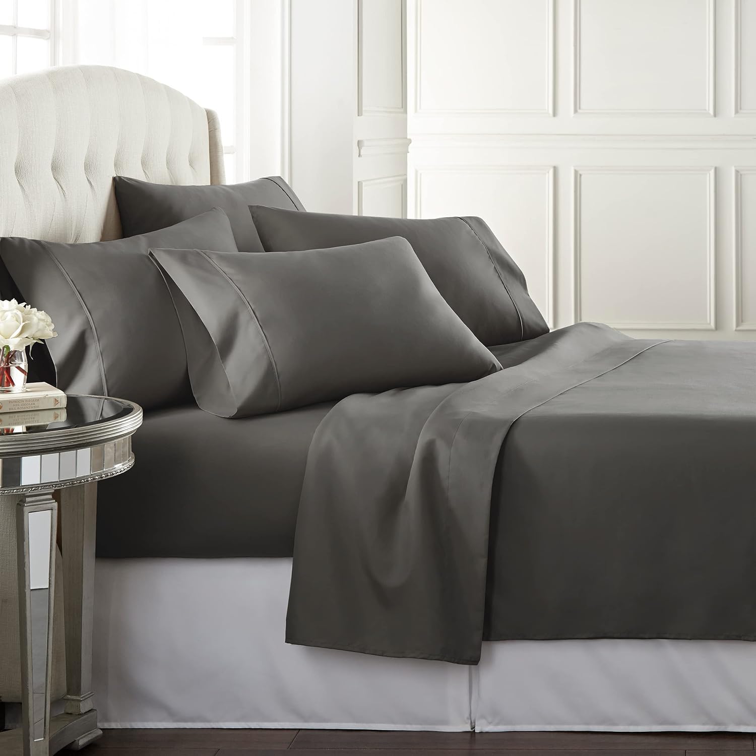 Bed Sheet Set King Size for Hot Sleepers, Hotel Premium Sheets with 4 Pillowcases, Lightweight Brushed Microfiber Deep Pockets, Breathable Cooling 6 Piece Bedding Sets, Gray