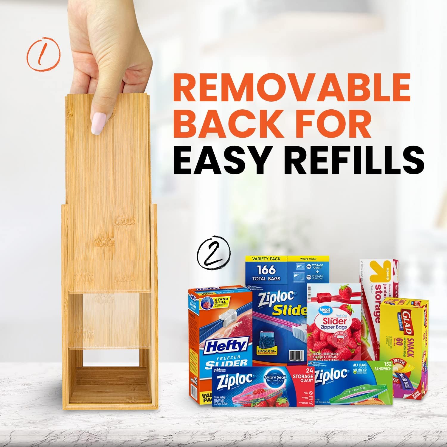 Bag Storage Organizer - Bamboo Food Plastic Baggie Holder, Dispenser, and Container for Kitchen Drawer - Fits Ziplock and Ziploc Gallon, Quart, Sandwich & Snack Sized Slider Bags (Bamboo)