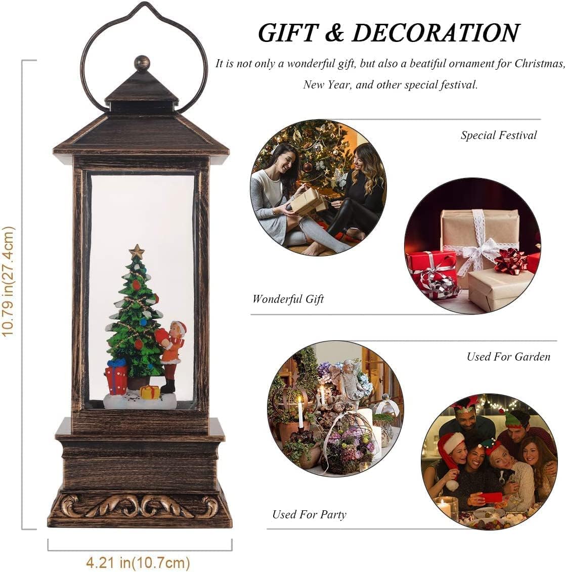 Christmas Decorations Home Lighted Christmas Snow Globe Christmas Lanterns Water Lanterns Glittering with Music USB and Battery Operated Singing Snow Globe Decoratives (Christmas Tree)